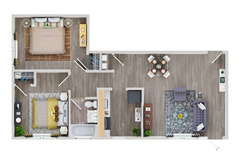A top-down view of a small apartment with a kitchen, living room, and bedroom.